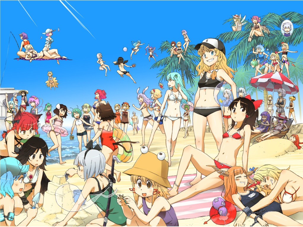 aki_minoriko, aki_shizuha, alice_margatroid, bikini, chen, cirno, daiyousei, flandre_scarlet, fujiwara_no_mokou, hakurei_reimu, hinanawi_tenshi, hong_meiling, hoshiguma_yuugi, houraisan_kaguya, ibuki_suika, inaba_tewi, inubashiri_momiji, izayoi_sakuya, kaenbyou_rin, kagiyama_hina, katou_haruaki, kawashiro_nitori, kazami_yuuka, kirisame_marisa, kochiya_sanae, komeiji_koishi, komeiji_satori, konpaku_youmu, kurodani_yamame, lily_white, lunasa_prismriver, lyrica_prismriver, merlin_prismriver, mizuhashi_parsee, morichika_rinnosuke, moriya_suwako, mystia_lorelei, nagae_iku, onozuka_komachi, patchouli_knowledge, reisen_udongein_inaba, reiuji_utsuho, remilia_scarlet, rumia, saigyouji_yuyuko, school_swimsuit, shameimaru_aya, swimsuits, touhou, wallpaper, wriggle_nightbug, yagokoro_eirin, yakumo_ran, yakumo_yukari, yasaka_kanako