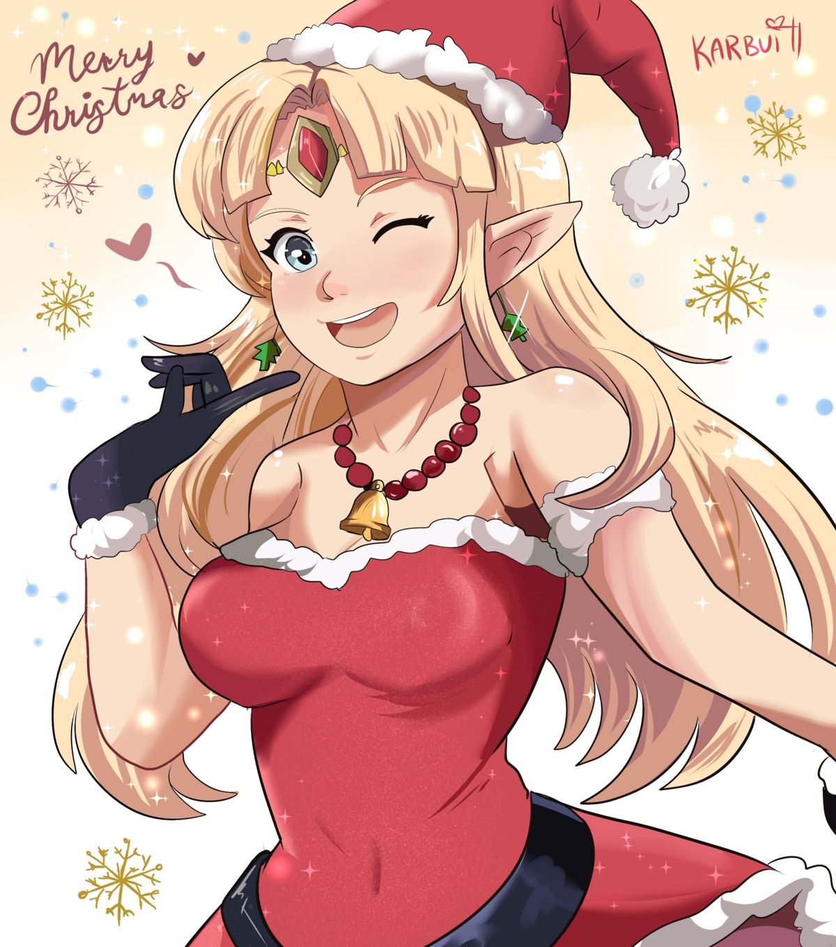 christmas, cleavage, elf, erect_nipples, karbuitt, pointy_ears, princess_zelda, the_legend_of_zelda, the_legend_of_zelda:_a_link_between_worlds