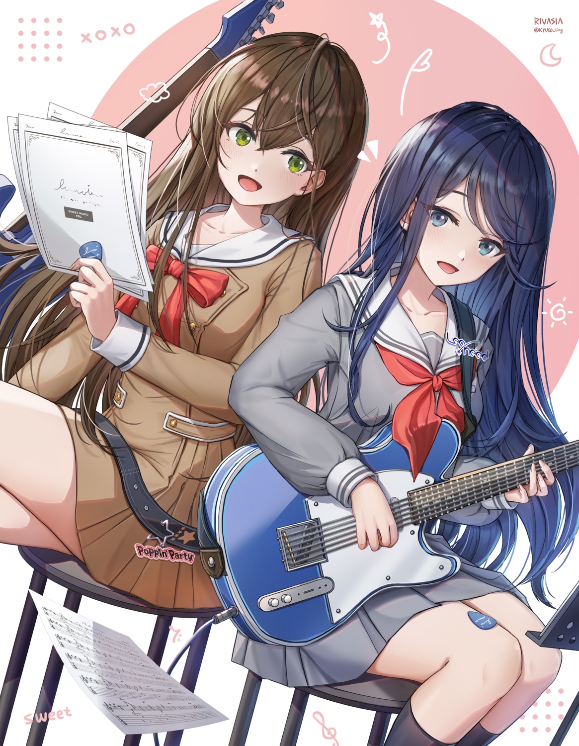 bang_dream!, crossover, guitar, hanazono_tae, hoshino_ichika_(project_sekai), kasia0309, project_sekai, seifuku