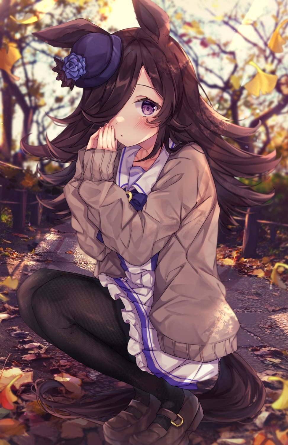 animal_ears, pantyhose, rice_shower_(umamusume), seifuku, skirt_lift, sorashima, sweater, tail