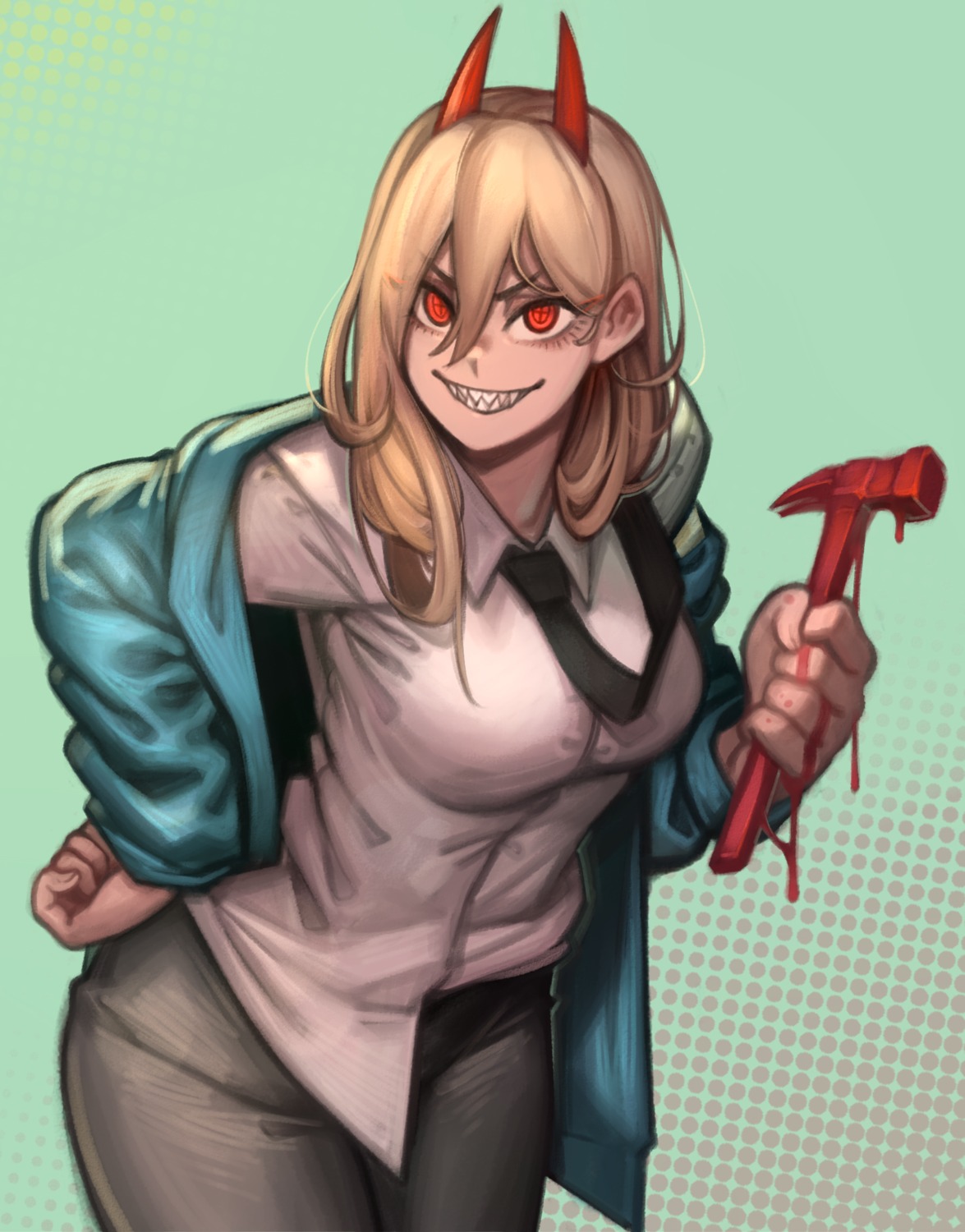 blood, chainsaw_man, dress_shirt, horns, kelvin_hiu, power_(chainsaw_man), weapon