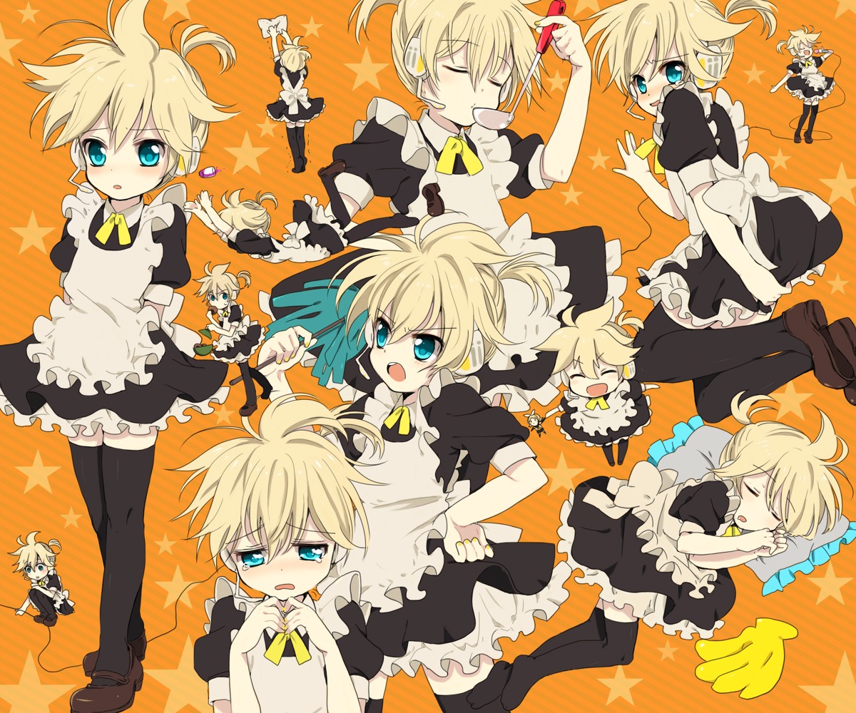 caterpillar, crossdress, expression, headphones, kagamine_len, maid, male, thighhighs, trap, vocaloid