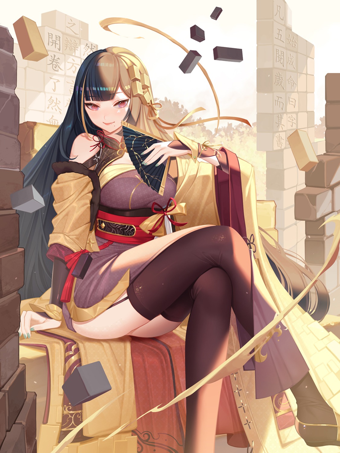 asian_clothes, orange_sekaii, skirt_lift, stockings, thighhighs