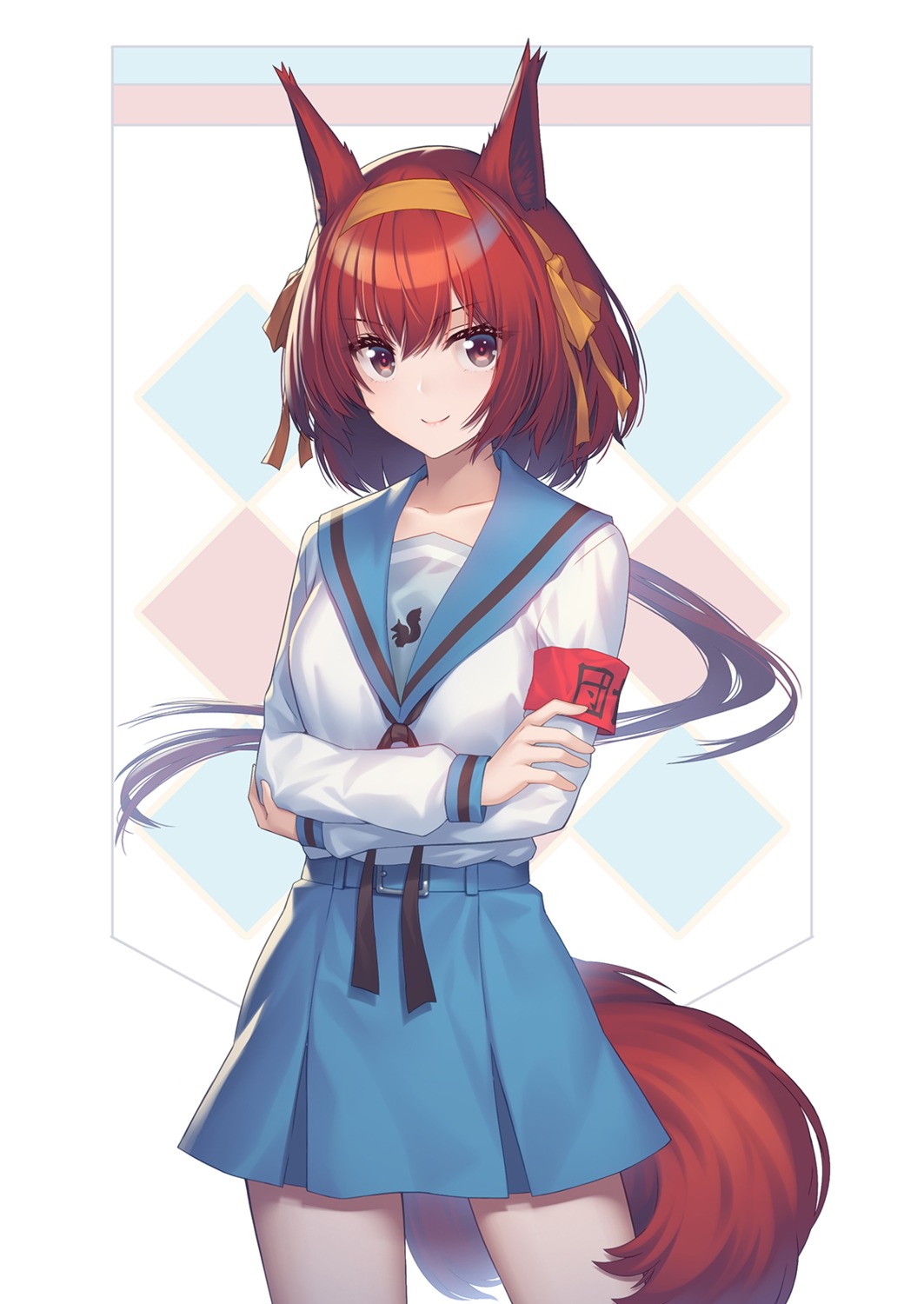 animal_ears, arknights, athrun1120, cosplay, flametail_(arknights), seifuku, suzumiya_haruhi, suzumiya_haruhi_no_yuuutsu, tail