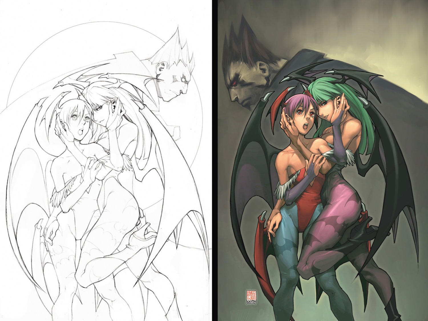 arnold_tsang, capcom, cleavage, dark_stalkers, demitri_maximoff, leotard, lilith_aensland, line_art, monochrome, morrigan_aensland, pantyhose, udon_entertainment, wings, yuri
