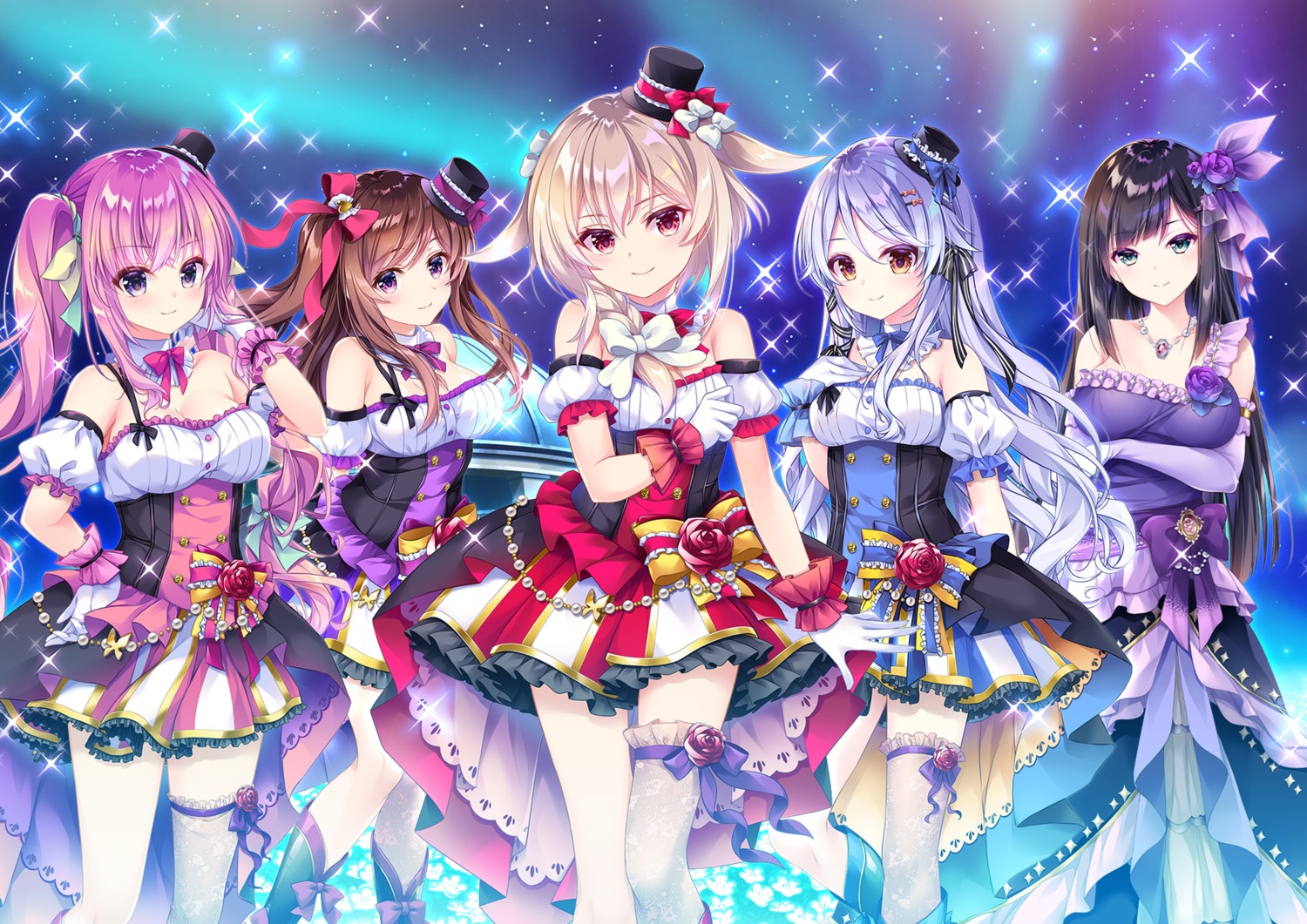 breast_hold, dress, ensemble_(company), hoshi_no_otome_to_rikka_no_shimai, kokonoe_sumire, kuchinashi_nerine, matsurika_karen, mizuki_yuuma, mutou_kurihito, nanotaro, no_bra, thighhighs, trap, uniform, yamabuki_alice, yamabuki_usami