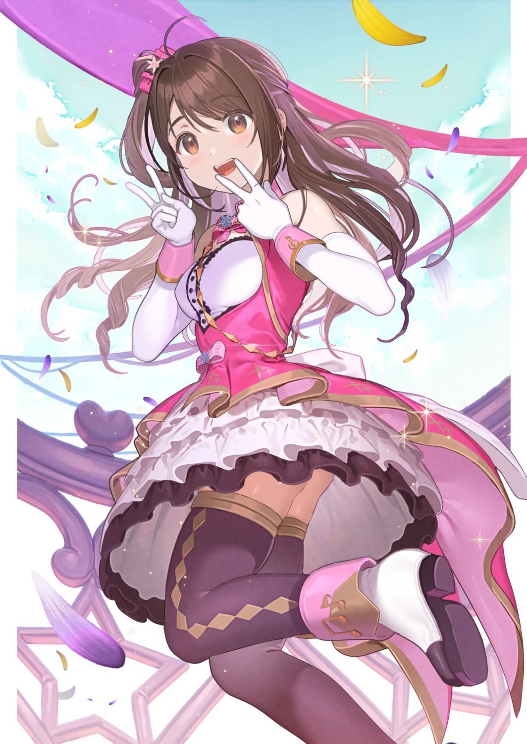 dress, koyoi_mitsuki, shimamura_uzuki, skirt_lift, the_idolm@ster, the_idolm@ster_cinderella_girls, thighhighs