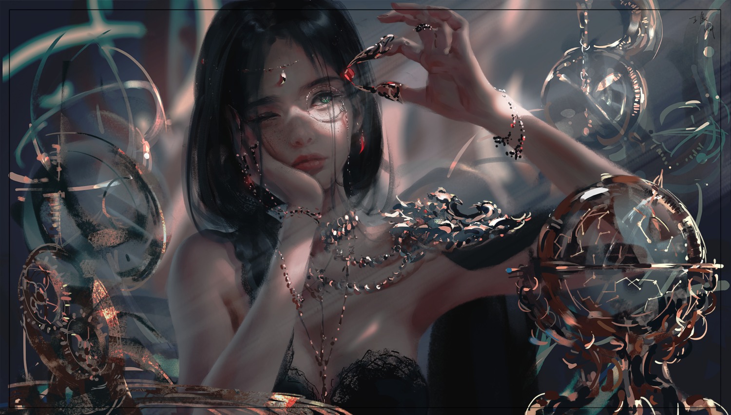aeolian, armor, cleavage, ghostblade, megane, no_bra, wlop