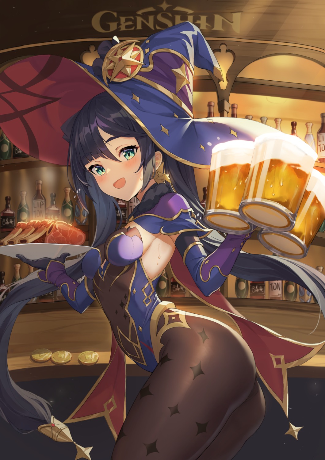 ass, genshin_impact, leotard, lipton_(user_nfaw4242), mona_megistus, no_bra, pantyhose, witch