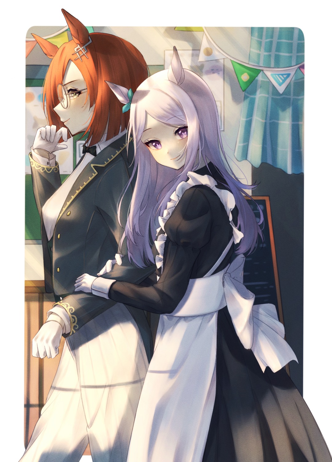 animal_ears, ikuno_dictus_(umamusume), isana615, maid, megane, mejiro_mcqueen_(umamusume), tail, uma_musume_pretty_derby