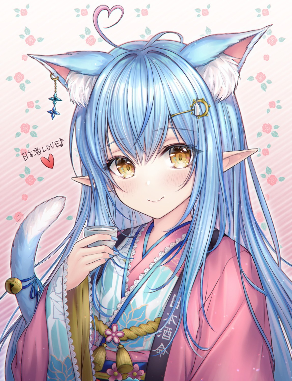 animal_ears, elf, hololive, japanese_clothes, mirukurim, nekomimi, pointy_ears, sake