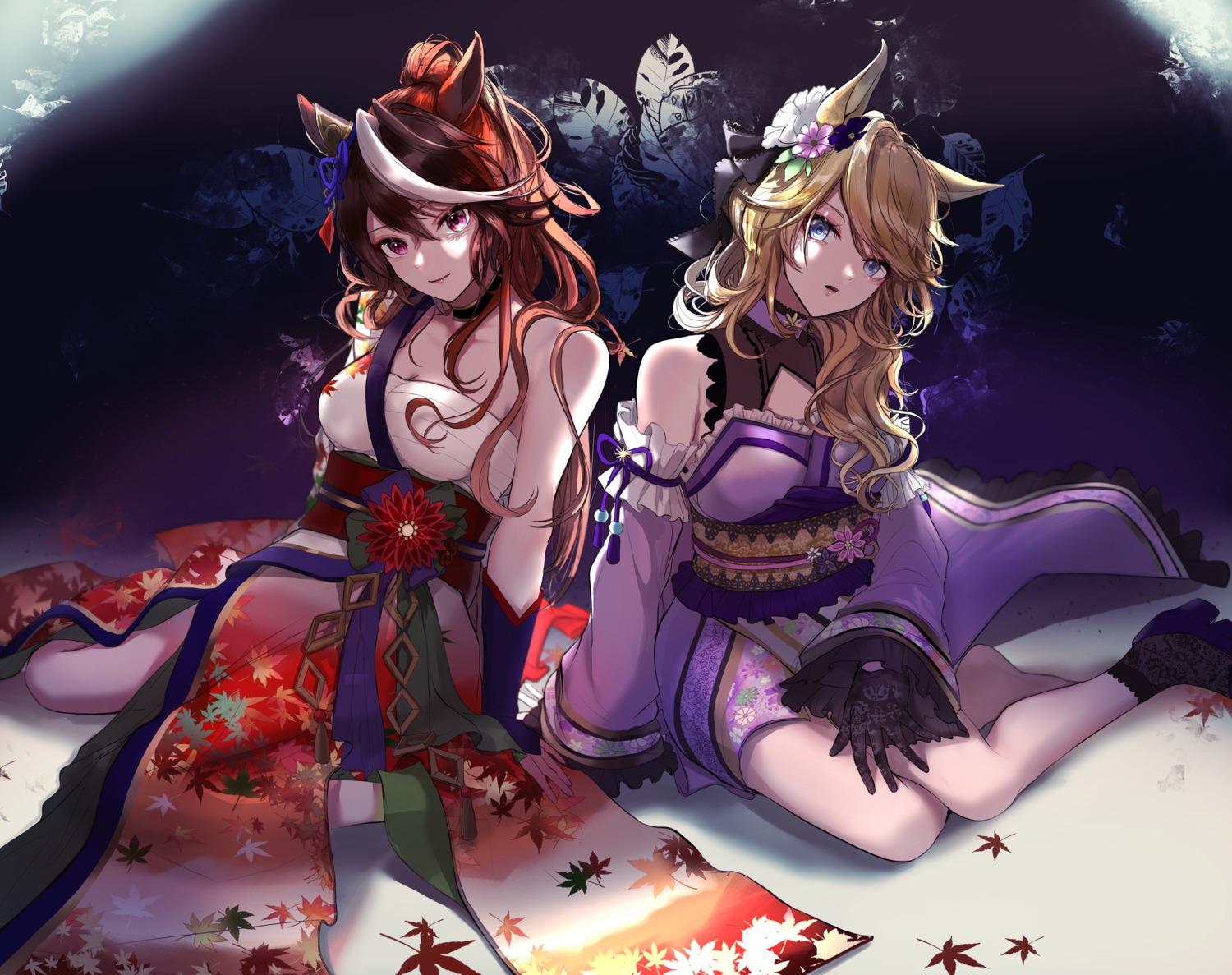animal_ears, gold_city_(umamusume), heels, japanese_clothes, pipi_(hana_no_orchestra), sarashi, symboli_rudolf_(umamusume), tail