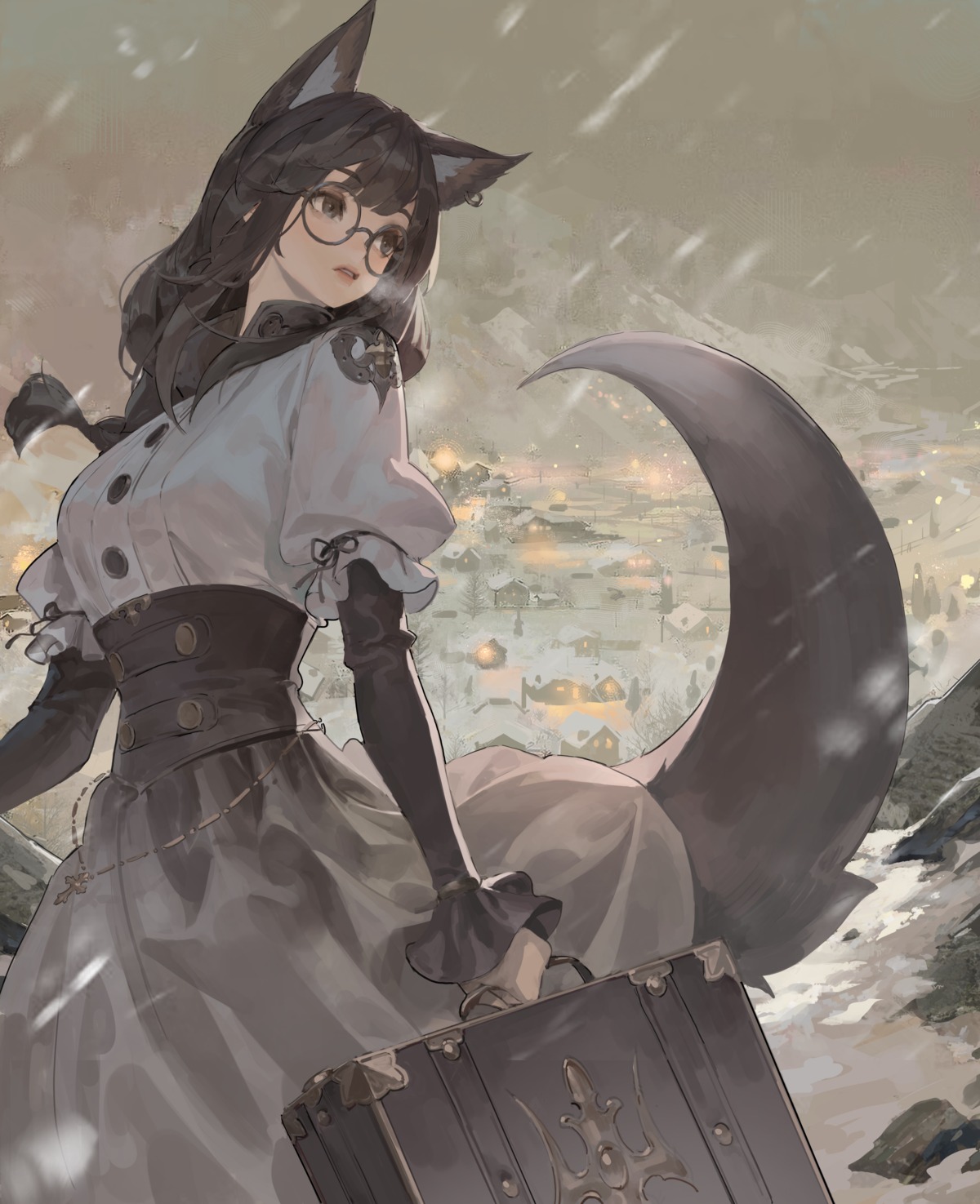 animal_ears, jung_wonjo, megane, skirt_lift, tail