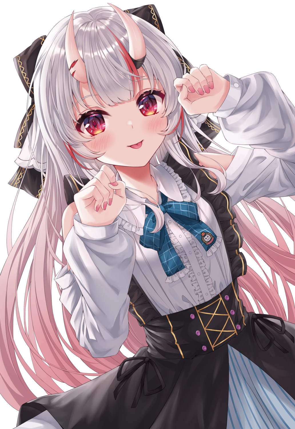 dress, gothic_lolita, hololive, horns, karashi_(asarikarasi), lolita_fashion, nakiri_ayame, skirt_lift