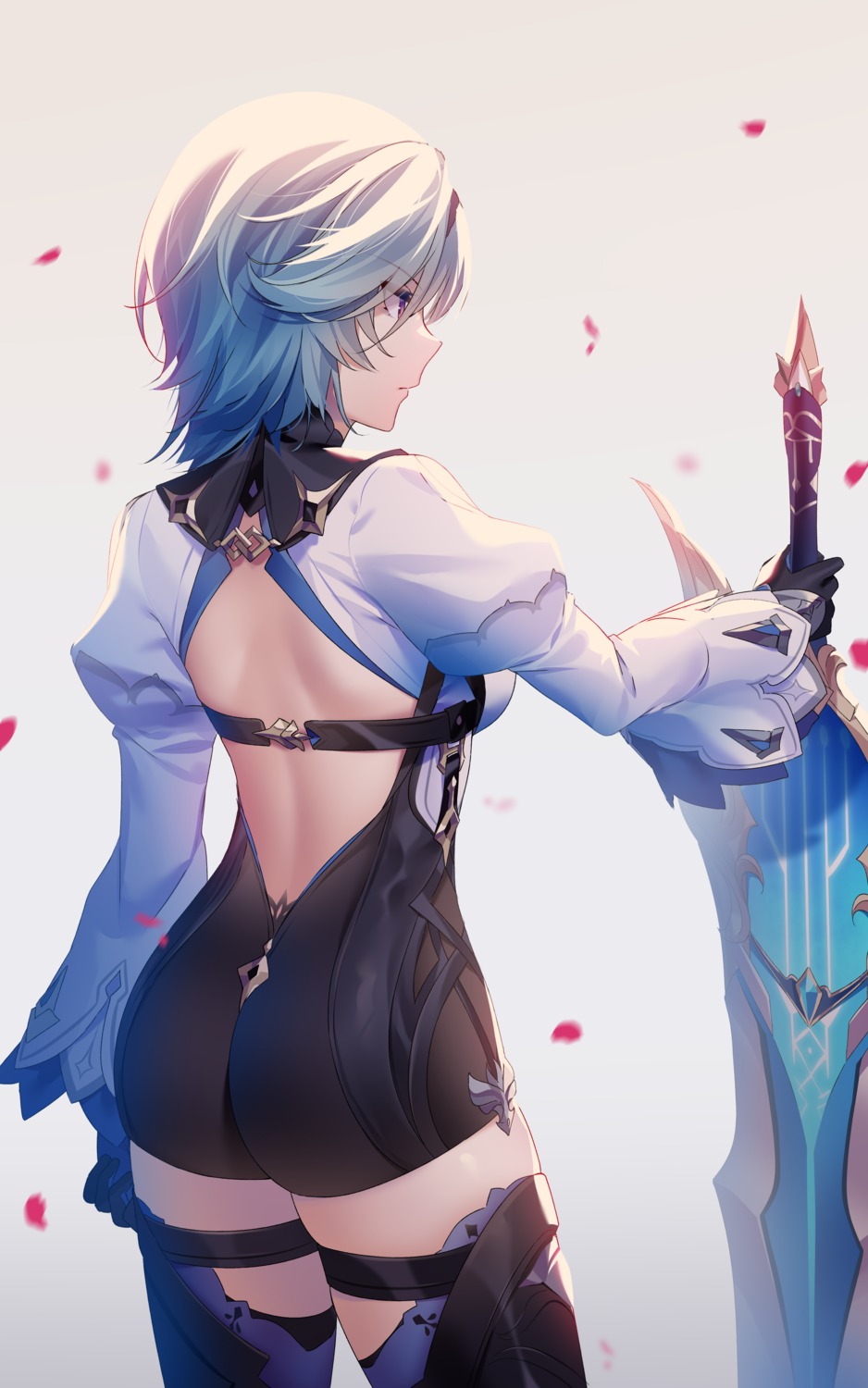 ass, eula, garter, genshin_impact, no_bra, rimuu, sword, thighhighs