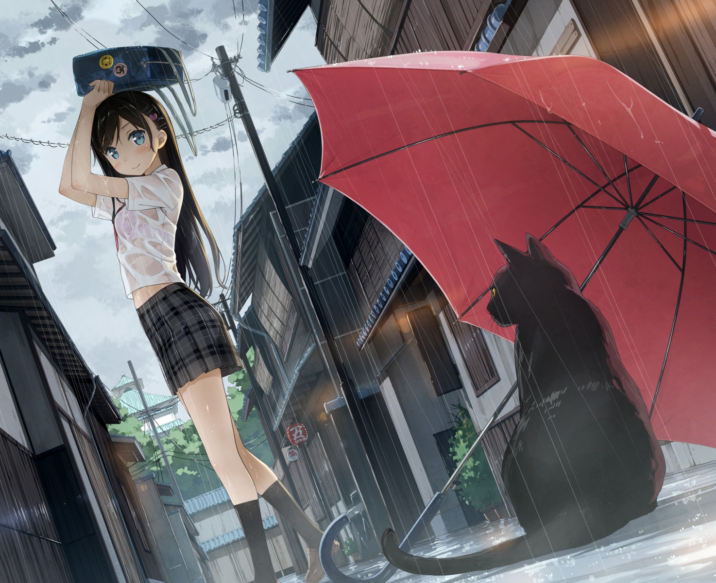 bra, kantoku, miyaguchi_hiromi, neko, see_through, seifuku, umbrella, wet, wet_clothes