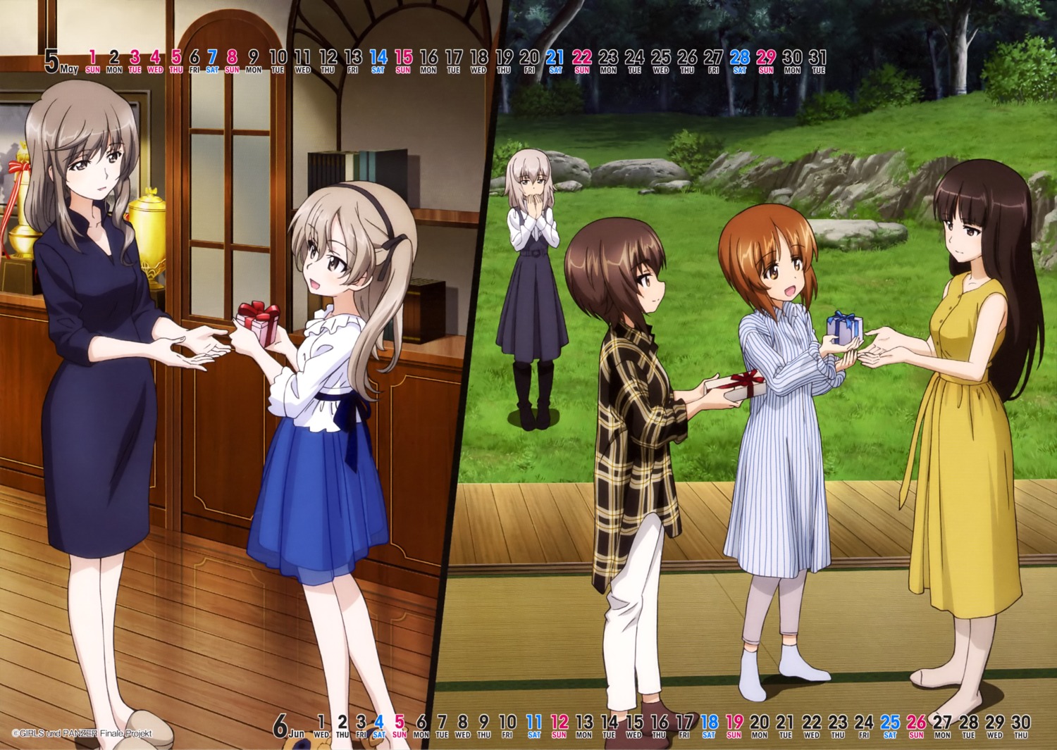 calendar, dress, girls_und_panzer, itsumi_erika, nishizumi_maho, nishizumi_miho, nishizumi_shiho, pantyhose, see_through, shimada_arisu, shimada_chiyo, tagme