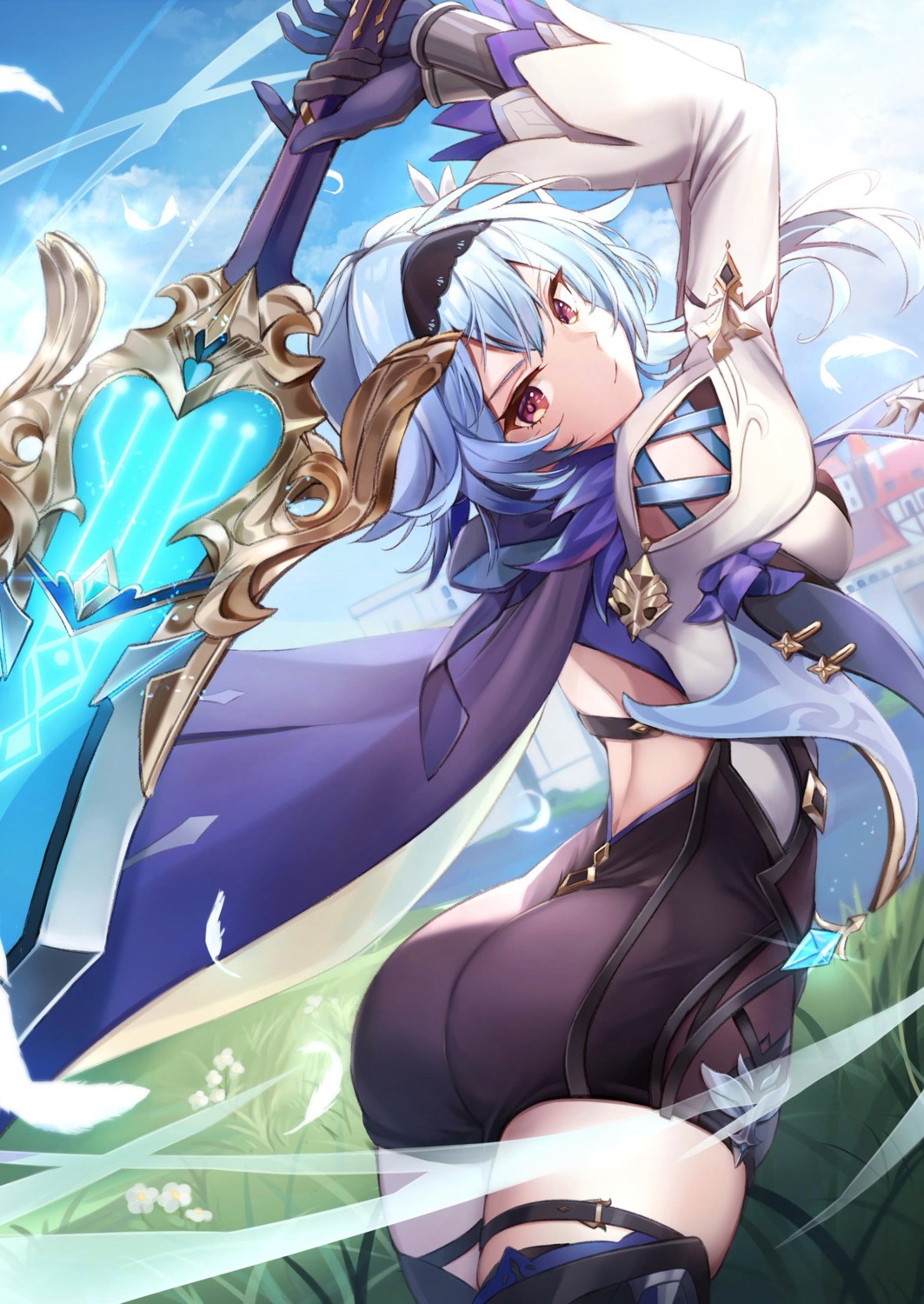 ass, eula, garter, genshin_impact, sword, thighhighs, yutoriko_(candy0905)