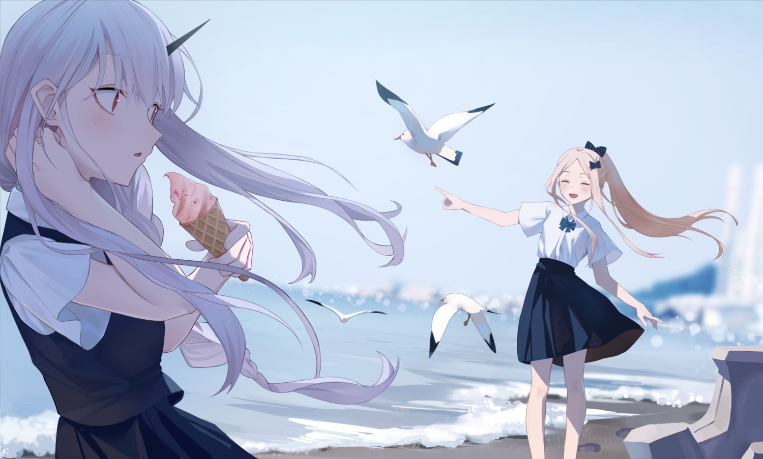 abigail_williams_(fate), fate/grand_order, horns, lavinia_whateley_(fate/grand_order), seifuku, skirt_lift, yukishima_momo