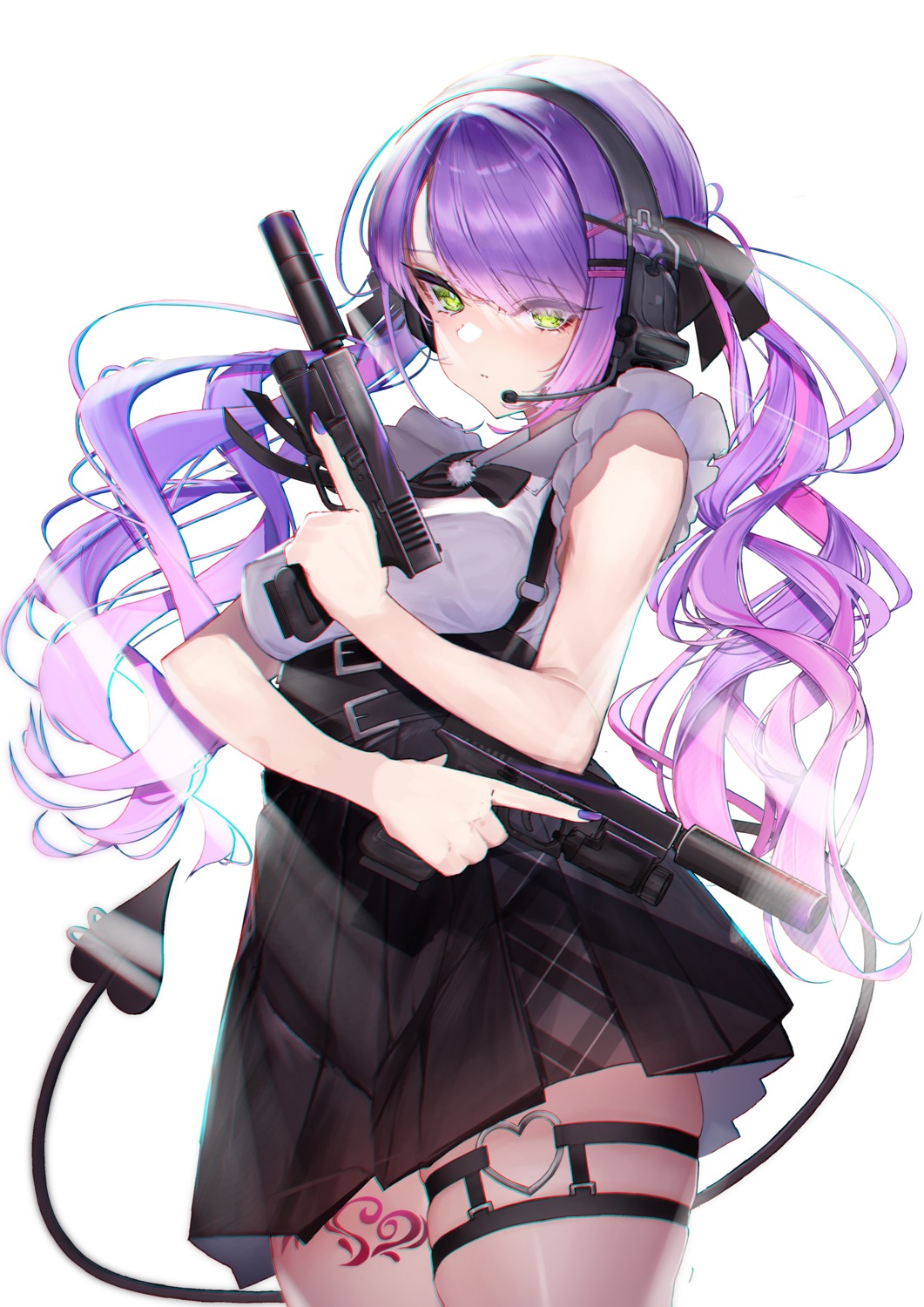 garter, gun, headphones, hololive, lamium_(artist), tail, tattoo, tokoyami_towa