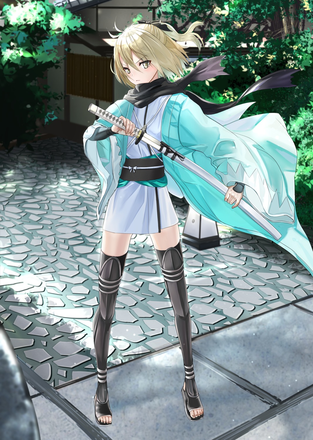 fate/grand_order, japanese_clothes, okita_souji_(fate), sakimaru, sword, thighhighs
