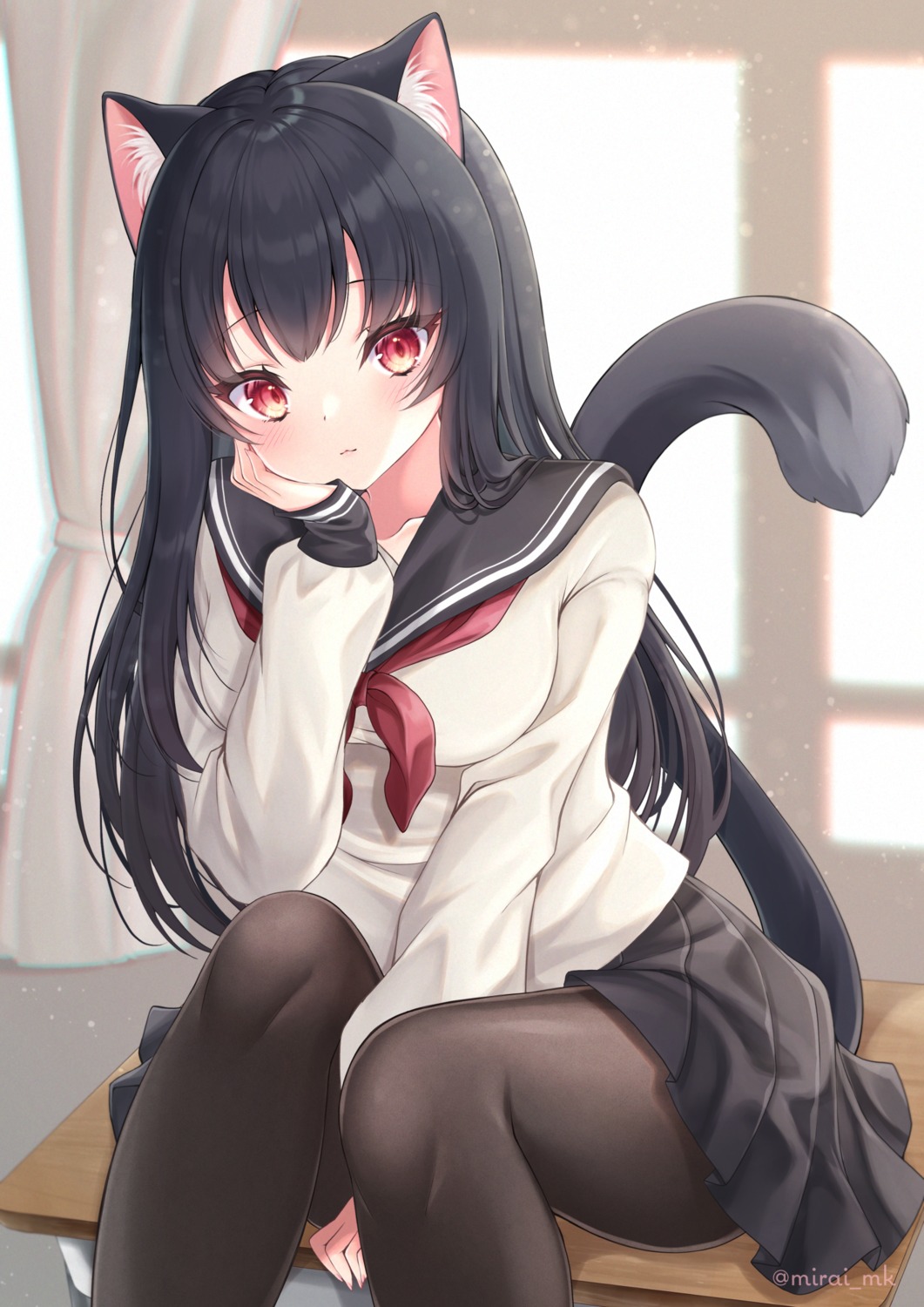 animal_ears, mirai_(happy-floral), nekomimi, pantyhose, seifuku, tail