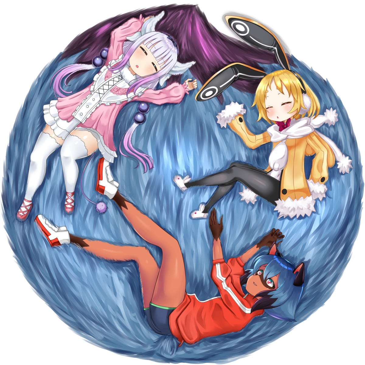animal_ears, brand_new_animal, bunny_ears, crossover, disgaea_5, dress, gym_uniform, horns, kagemori_michiru, kanna_kamui, kobayashi-san_chi_no_maidragon, monster_girl, pantyhose, tail, thighhighs, usalia, yonsenpai