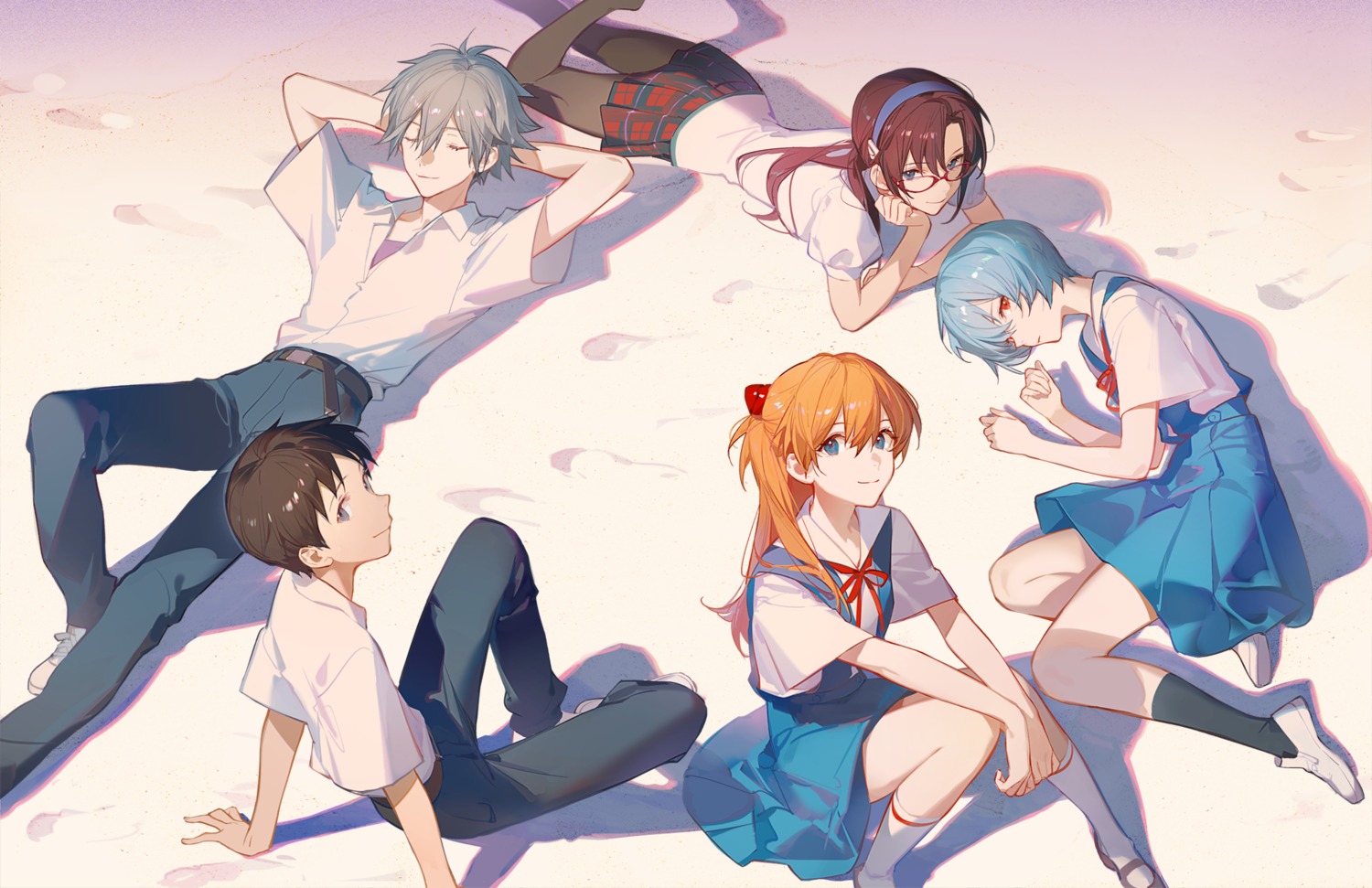 ask_(askzy), ayanami_rei, ikari_shinji, makinami_mari_illustrious, megane, nagisa_kaworu, neon_genesis_evangelion, pantyhose