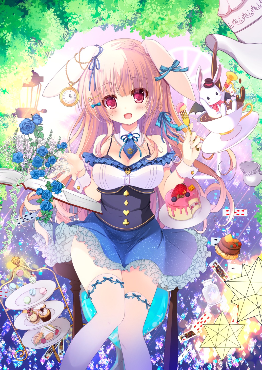animal_ears, bunny_ears, cleavage, skirt_lift, thighhighs, yuutsuki_hina