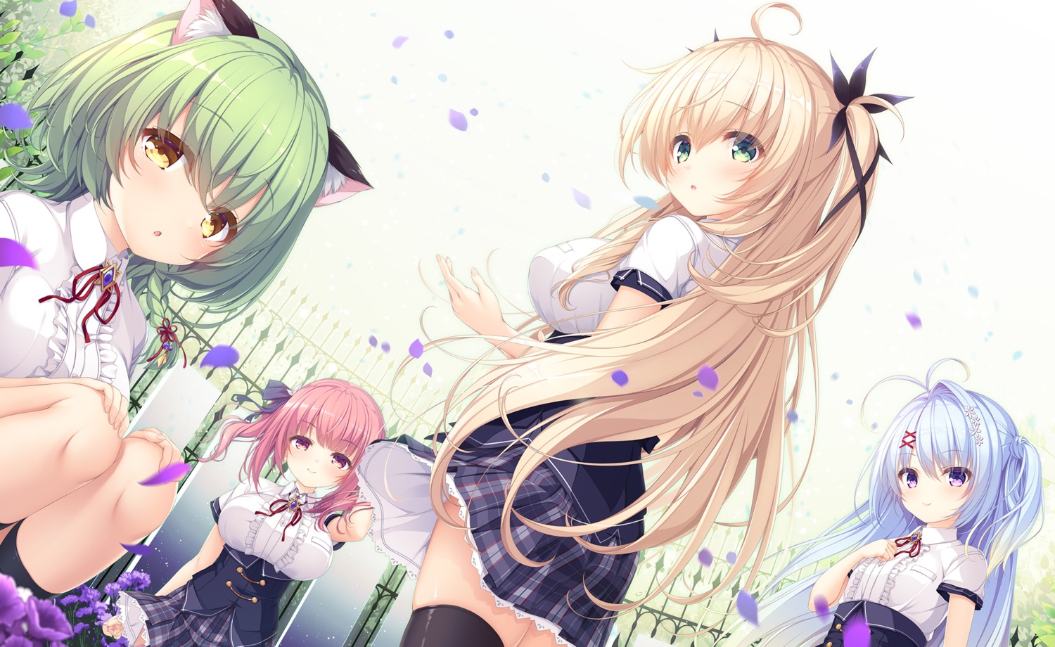 animal_ears, lucia_valignano, mikagami_mamizu, mikuriya_ren, nekomimi, rina_(unless_terminalia), seifuku, skirt_lift, tachibana_charon, thighhighs, unless_terminalia, whirlpool