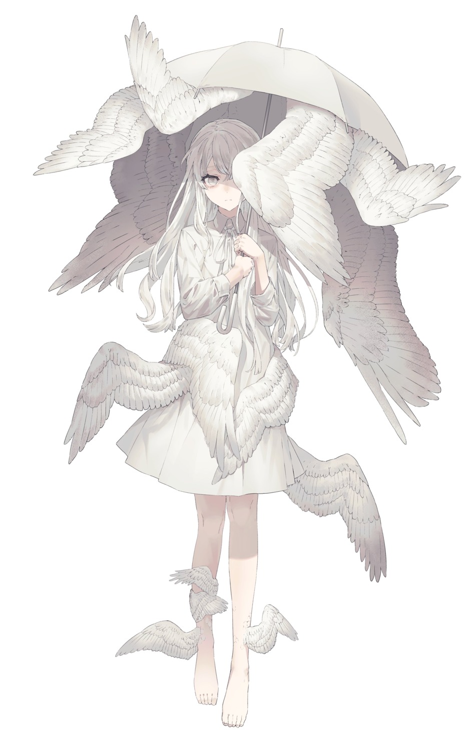 dress, rairyuu, umbrella, wings