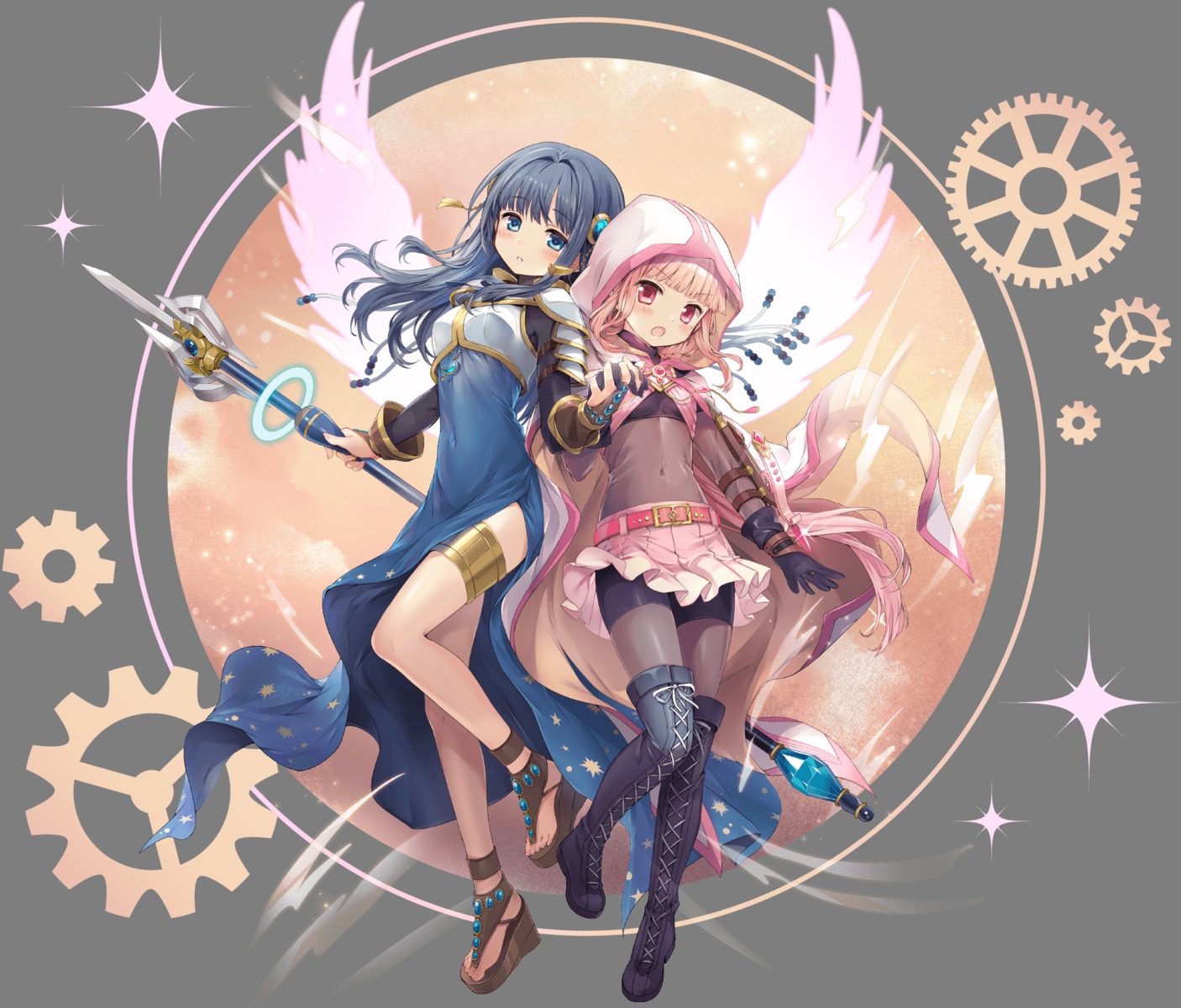 armor, bodysuit, dress, garter, magia_record:_mahou_shoujo_madoka_magica_gaiden, mahou_shoujo_madoka_magica, nanami_yachiyo, punyan, tamaki_iroha, thighhighs, transparent_png, weapon