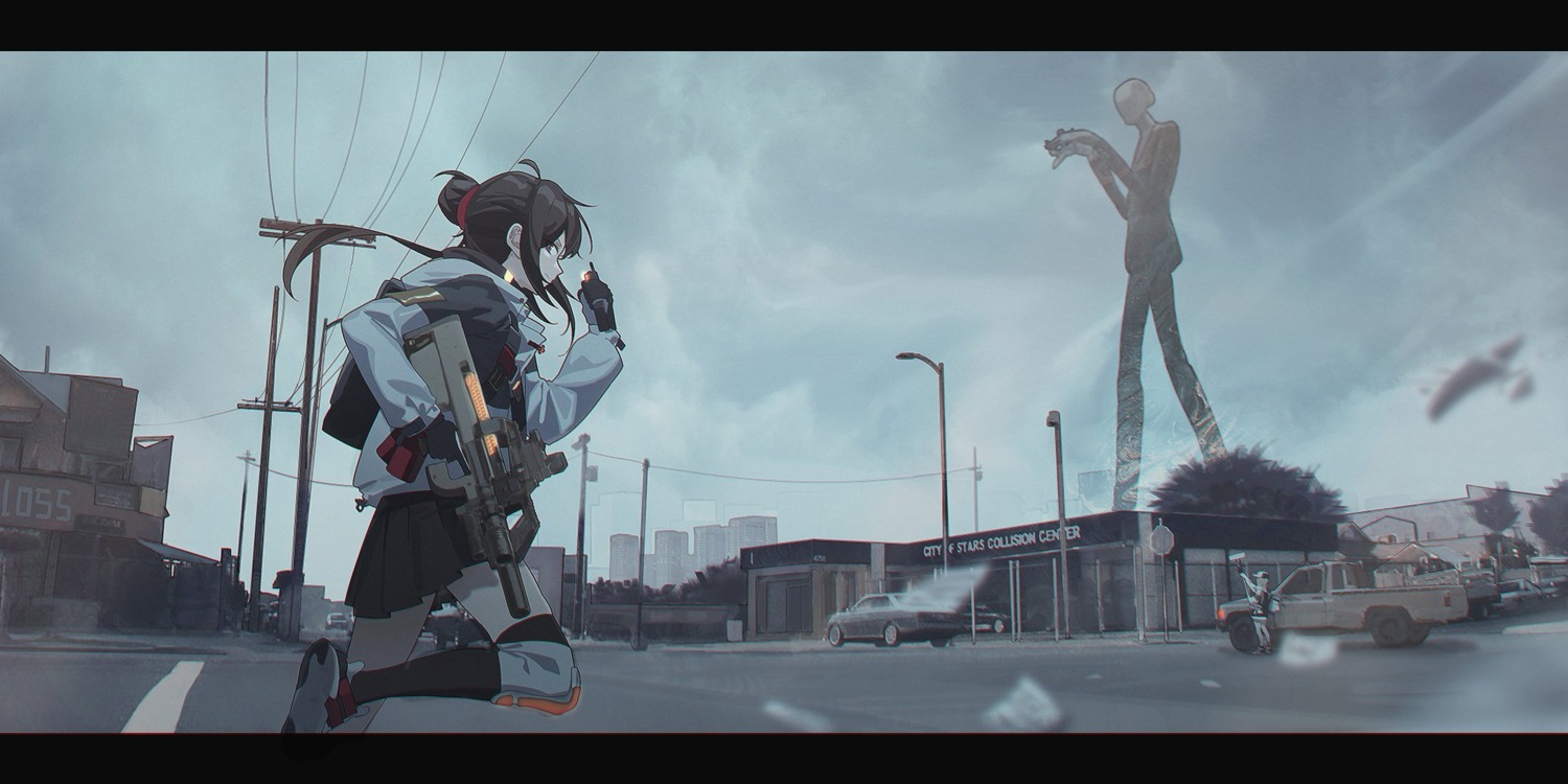 eggplus, gun, landscape, thighhighs