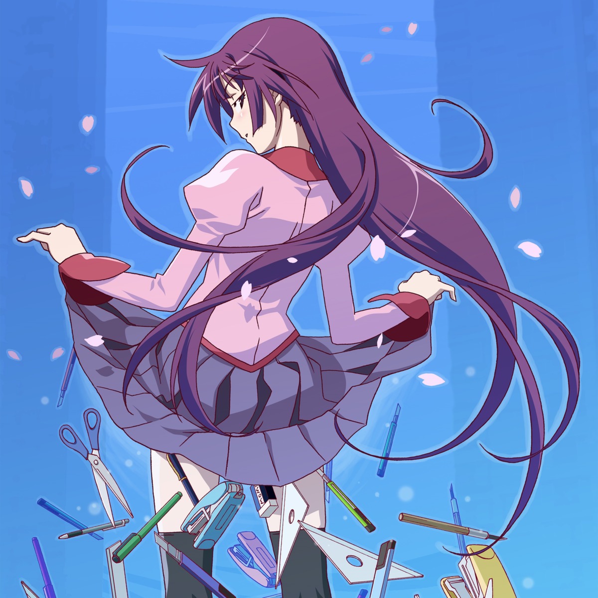 bakemonogatari, disc_cover, monogatari_(series), seifuku, senjougahara_hitagi, skirt_lift, tagme, thighhighs