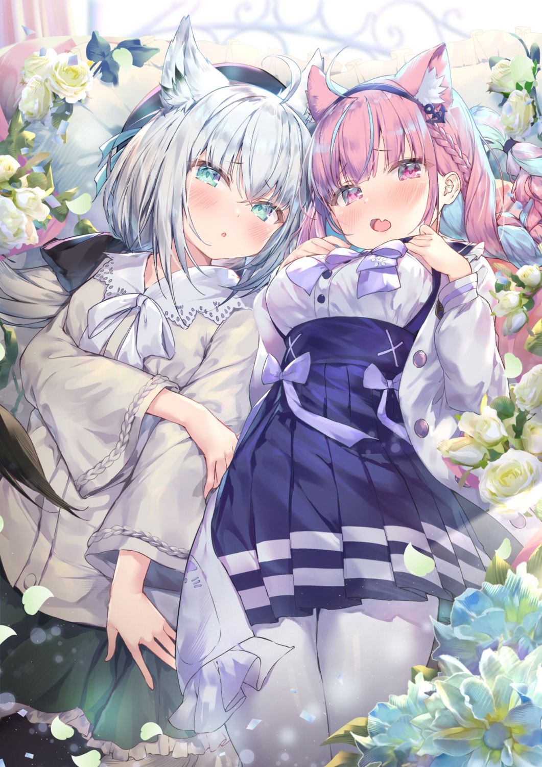 animal_ears, hololive, hololive_gamers, kitsune, minato_aqua, nekomimi, pantyhose, seifuku