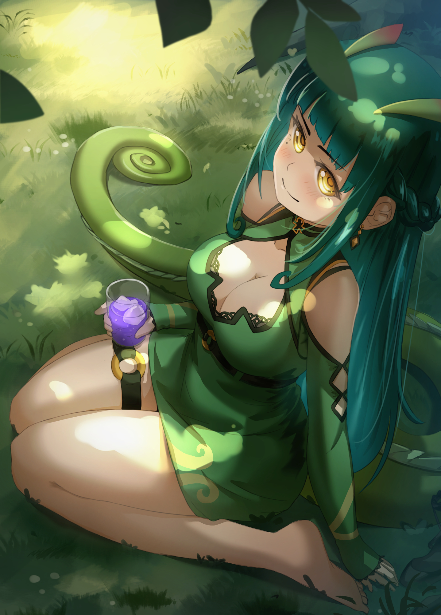 cleavage, dress, garter, horns, okamin, tail, vshojo