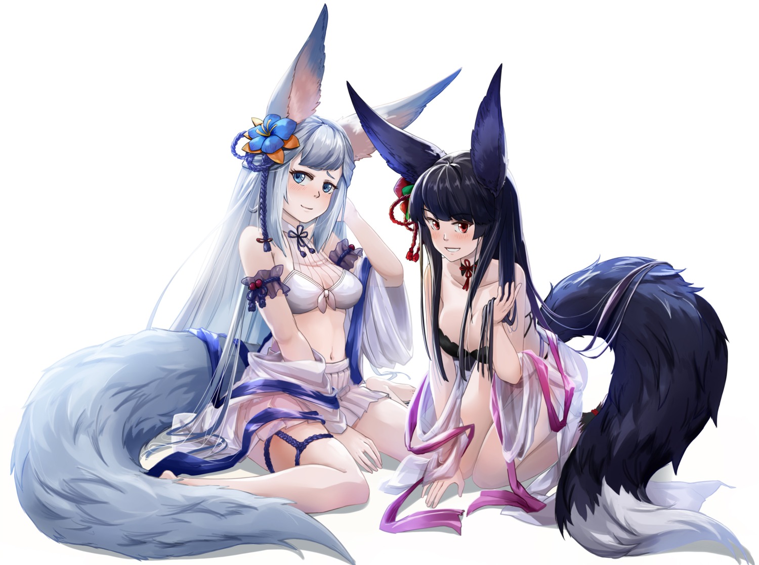 animal_ears, bra, garter, granblue_fantasy, kitsune, okamin, open_shirt, see_through