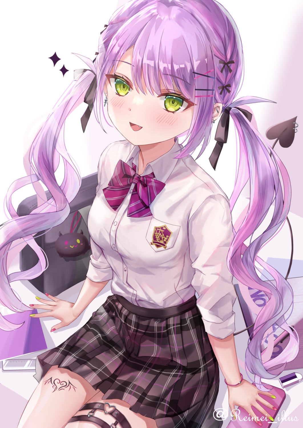 garter, hololive, kebaboishii, seifuku, tail, tattoo, tokoyami_towa