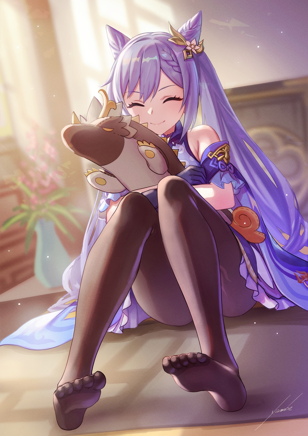 ambe_yoshiro, asian_clothes, feet, genshin_impact, keqing, pantyhose, skirt_lift