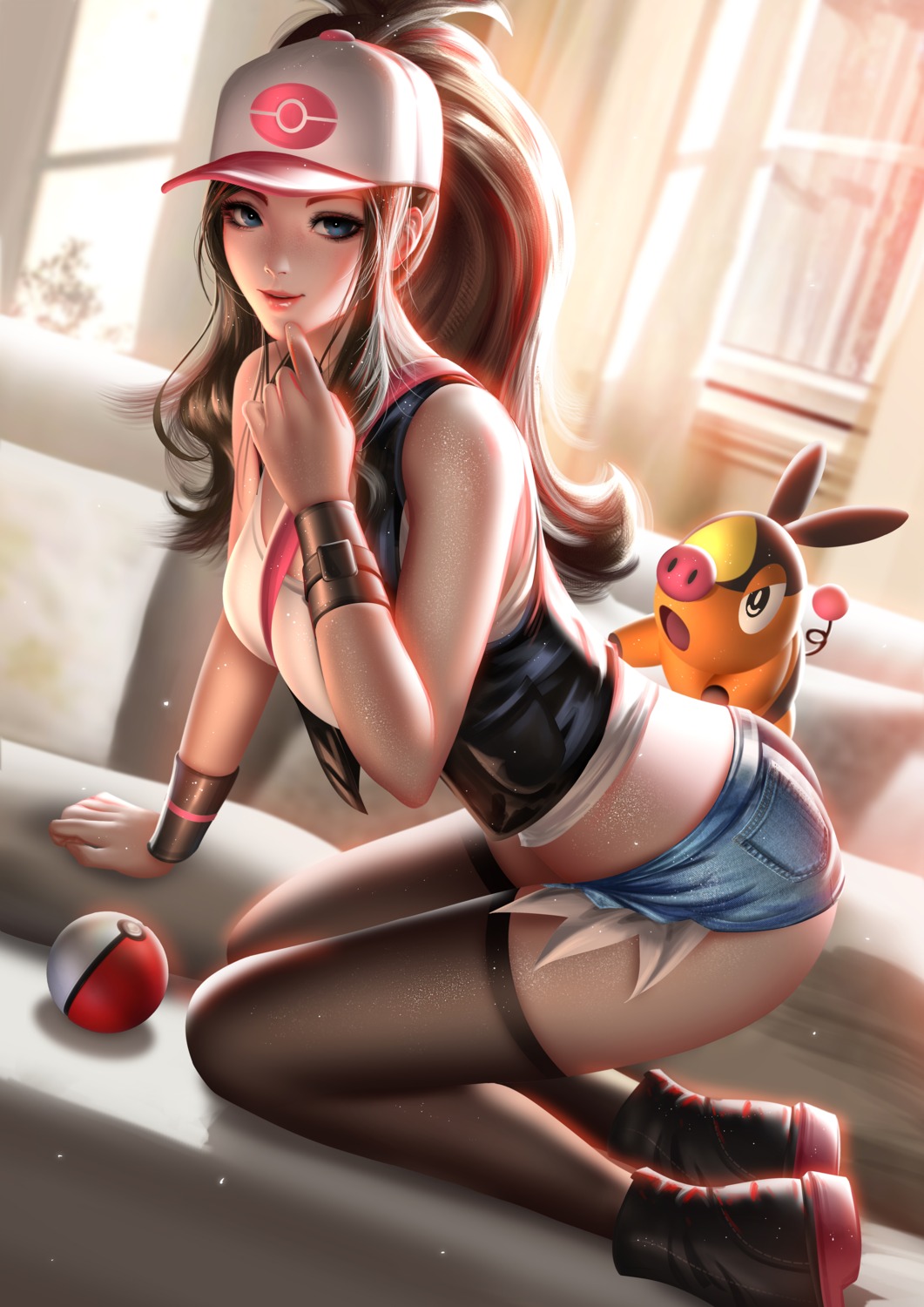 liang_xing, pokemon, pokemon_bw, tepig, thighhighs, touko_(pokemon)