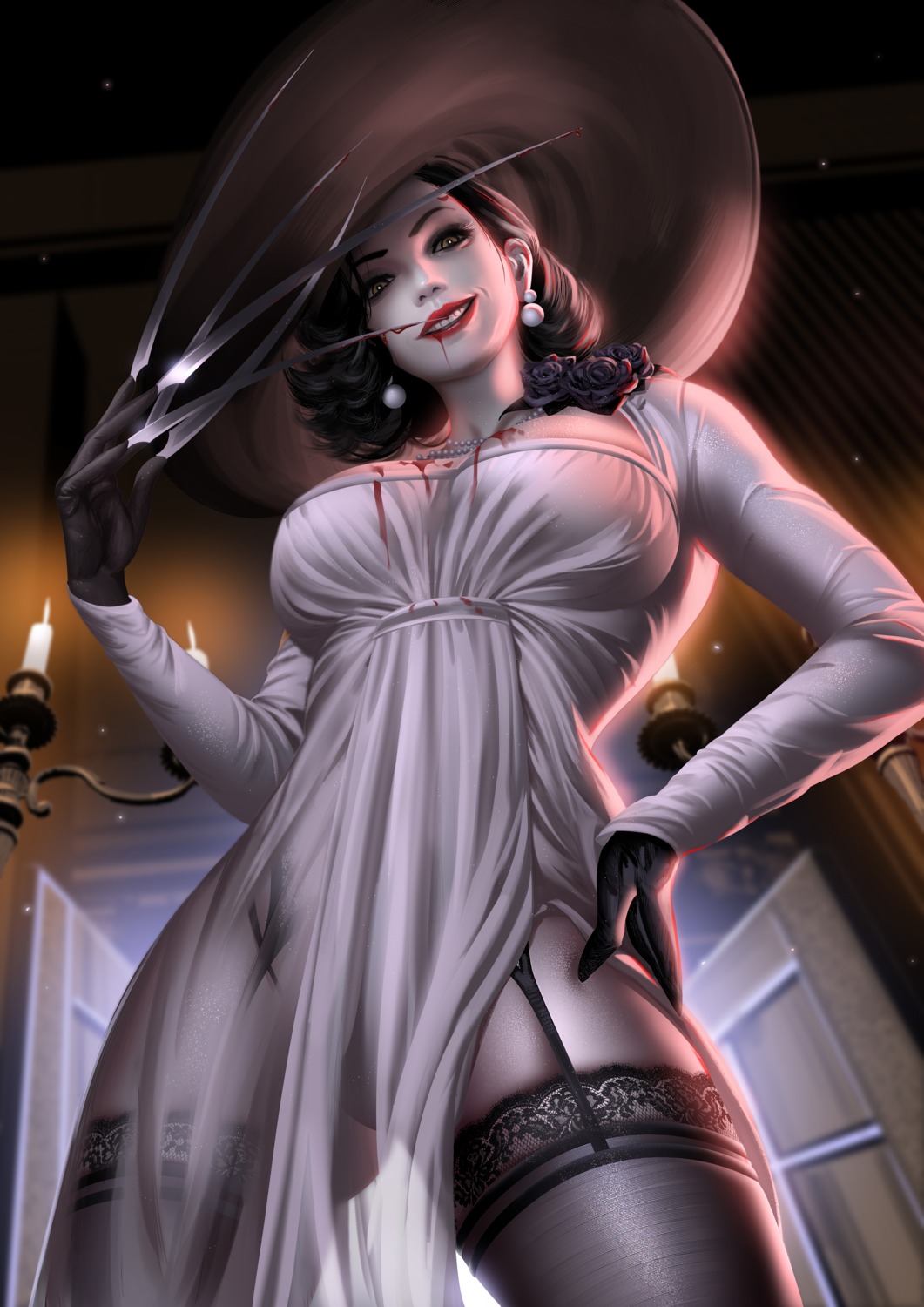 alcina_dimitrescu, blood, dress, liang_xing, resident_evil, resident_evil_village, see_through, stockings