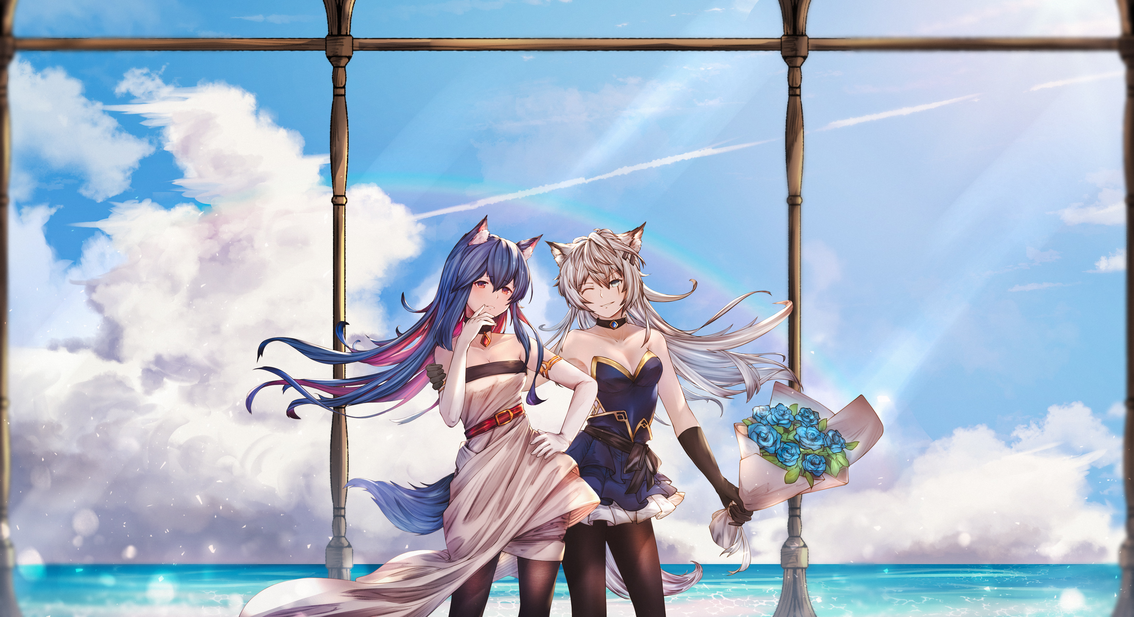 animal_ears, arknights, cleavage, dress, lappland_(arknights), no_bra, tail, texas_(arknights)