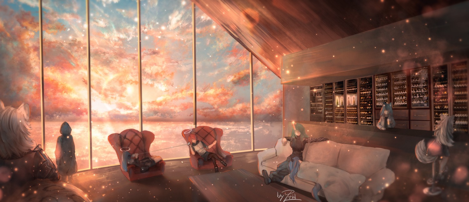 animal_ears, arknights, ch'en_(arknights), doctor_(arknights), exusiai_(arknights), halo, horns, hoshiguma_(arknights)