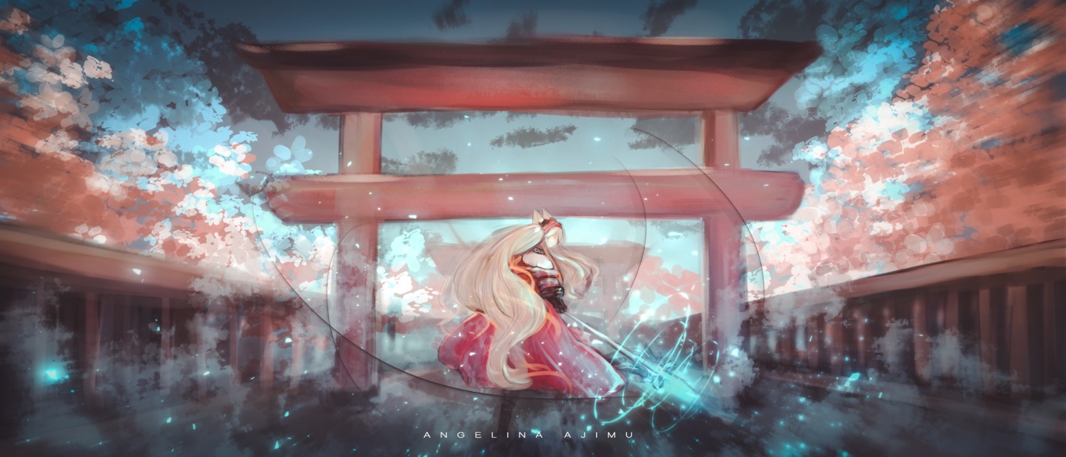 angelina_(arknights), animal_ears, arknights, japanese_clothes, landscape, weapon, ygahh