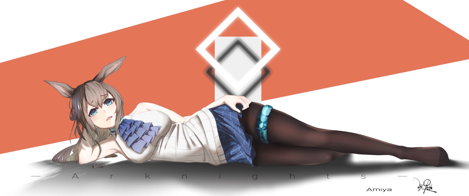 amiya_(arknights), animal_ears, arknights, bunny_ears, garter, pantyhose, skirt_lift, ygahh