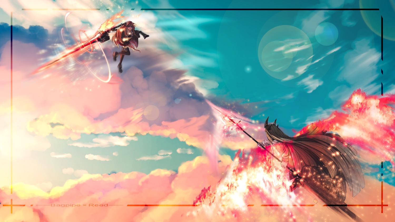 arknights, bagpipe_(arknights), horns, landscape, reed_(arknights), sword, thighhighs, weapon