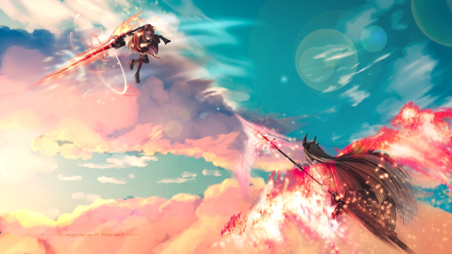 arknights, bagpipe_(arknights), horns, landscape, reed_(arknights), sword, thighhighs, weapon