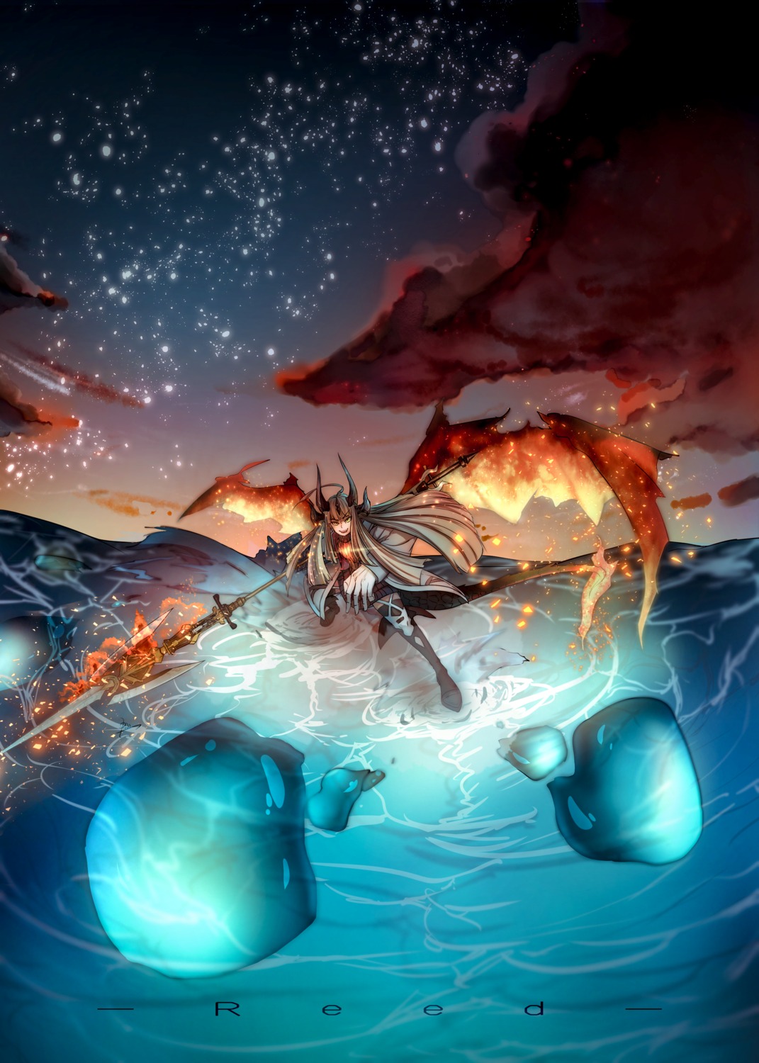 arknights, horns, landscape, reed_(arknights), weapon, wings, ygahh