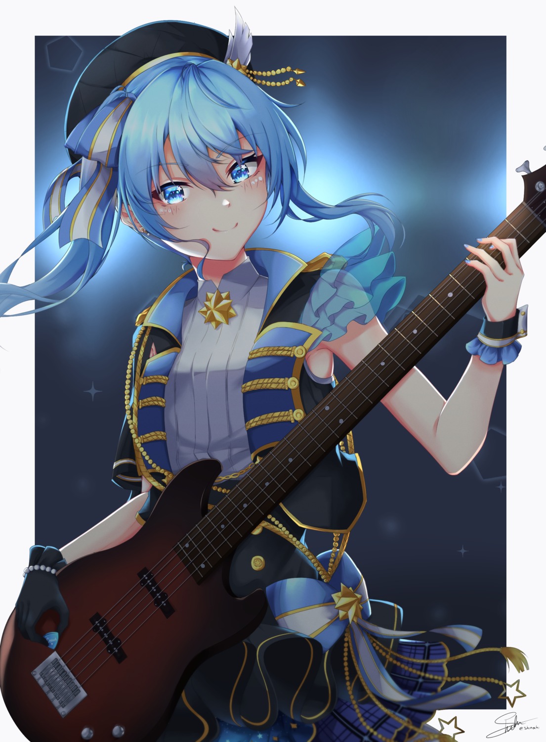 guitar, hololive, hoshimachi_suisei, shiinochi, uniform