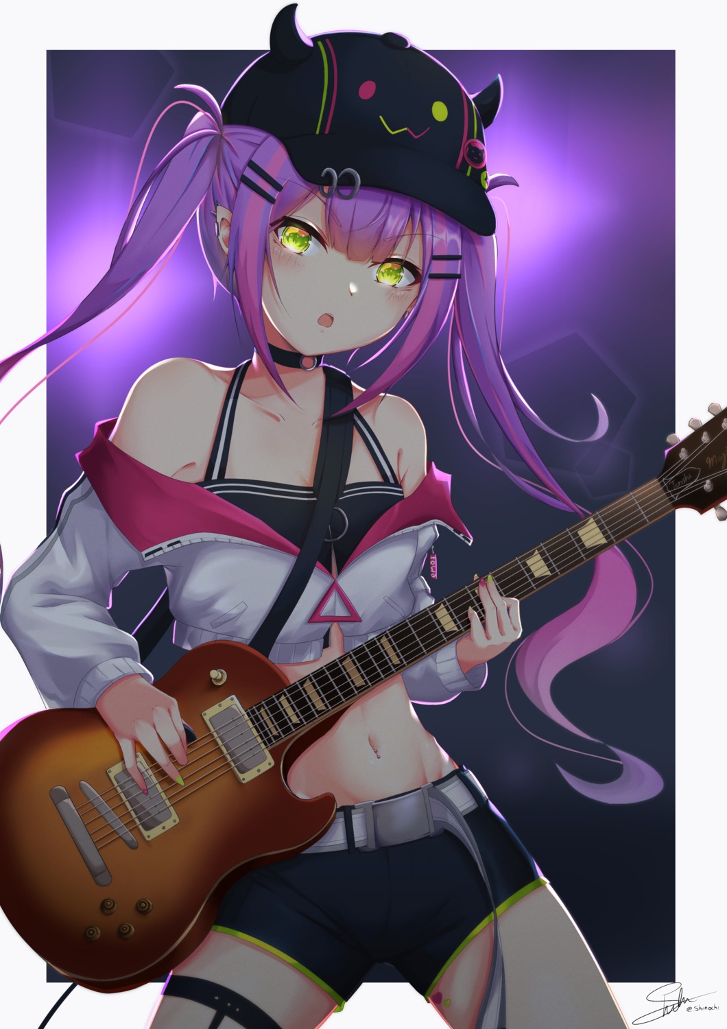 garter, guitar, hololive, pointy_ears, shiinochi, tokoyami_towa